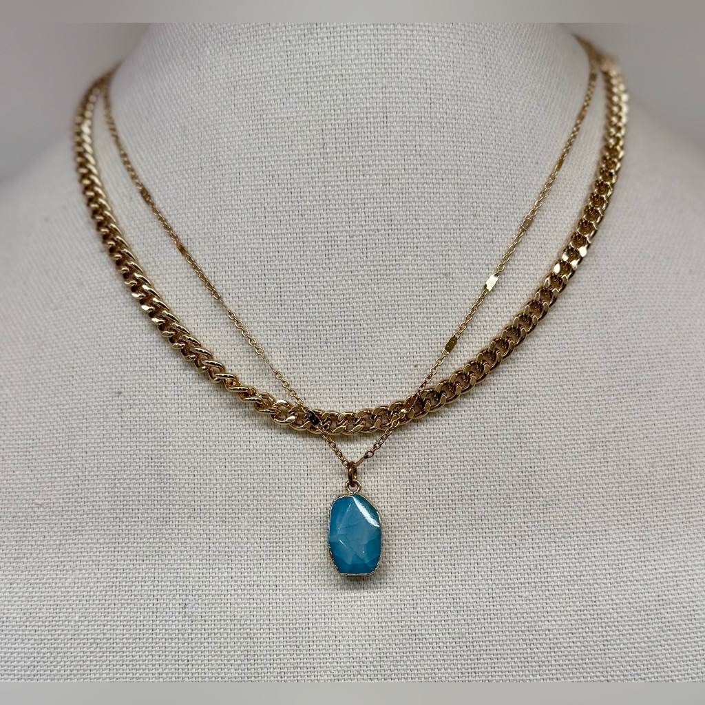 Bella Jack Gold-Tone Layered Necklace W/ Blue Stone Pendant Adjustable
